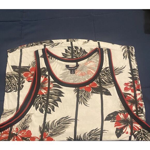MENS DISTORTION HAWAIIAN FLORAL TEAL BLUE RED TANK TOP T-SHIRT SIZE M - Picture 5 of 8
